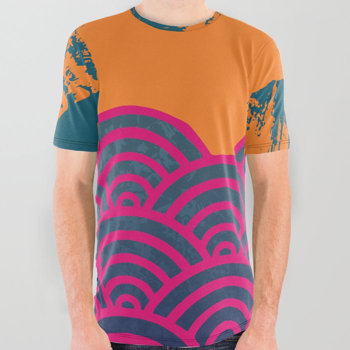 Japanese Wave Pattern Brushtroke Teal Pink Orange All Over Graphic Tee