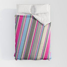 [ Thumbnail: Colorful Light Sky Blue, Dim Grey, Dark Grey, Beige, and Deep Pink Colored Pattern of Stripes Comforter ]