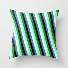 [ Thumbnail: Colorful Forest Green, Aquamarine, Mint Cream, Blue & Black Colored Stripes Pattern Throw Pillow ]
