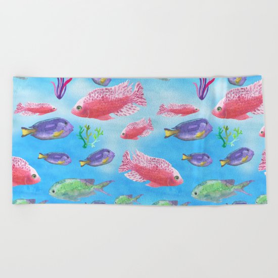 The deep sea-fishes in the sea- watercolor illustration Beach Towel