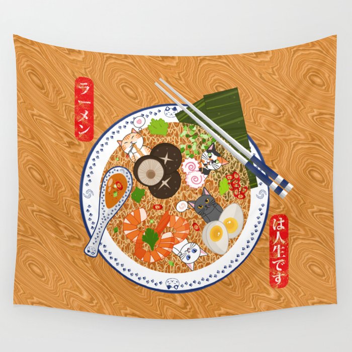 Japanese Food Ramen Noodle Bowl with Beckoning Cat Eating Wall Tapestry