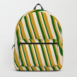 [ Thumbnail: Dark Green, Beige, and Goldenrod Colored Stripes/Lines Pattern Backpack ]