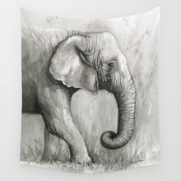 Elephant Black and White Watercolor Wall Tapestry