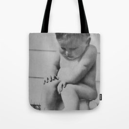 Giving all your effort - funny baby potty training on the pot black and white photograph  Tote Bag