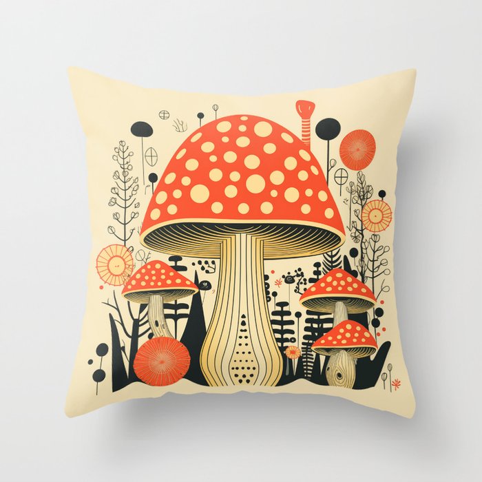 Nature's Palette: Mushroom Garden Poster Delight Throw Pillow