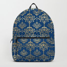 Elegant Blue and Gold Damask Pattern Backpack