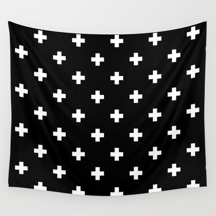 Swiss cross pattern white on black Wall Tapestry