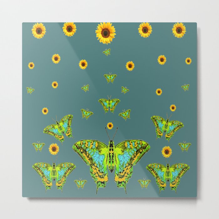 BLUE-GREEN-YELLOW PATTERNED MOTHS YELLOW SUNFLOWERS Metal Print