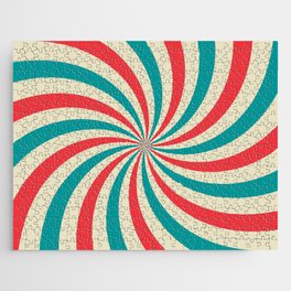 Retro background with curved, rays or stripes in the center. Rotating, spiral stripes. Sunburst or sun burst retro background. Turquoise and red colors. Vintage illustration Jigsaw Puzzle