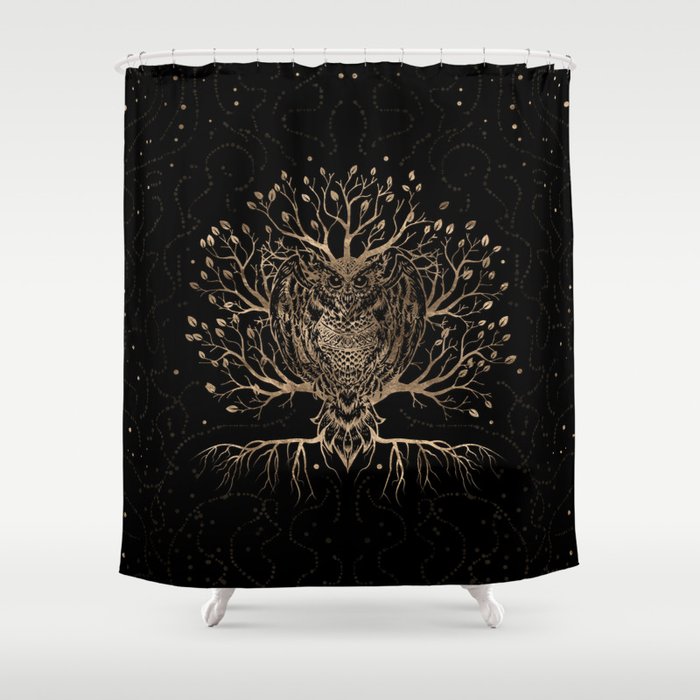 The Golden Owl Tree Shower Curtain