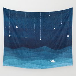 Falling stars, blue, sailboat, ocean Wall Tapestry