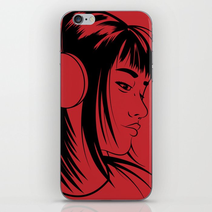 Anime Girl With Headphones (Red Background) iPhone Skin