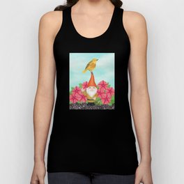 gnome with yellow warbler and petunias Tank Top