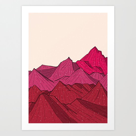 The falling snow and the mountains Art Print