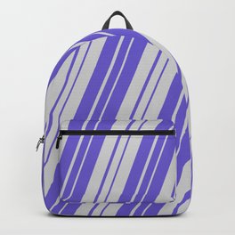 [ Thumbnail: Light Grey and Slate Blue Colored Striped Pattern Backpack ]