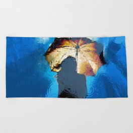 Raindrops keep falling on my head in blue girl with umbrella color photograph - photography - photographs for office, home, wall decor Beach Towel