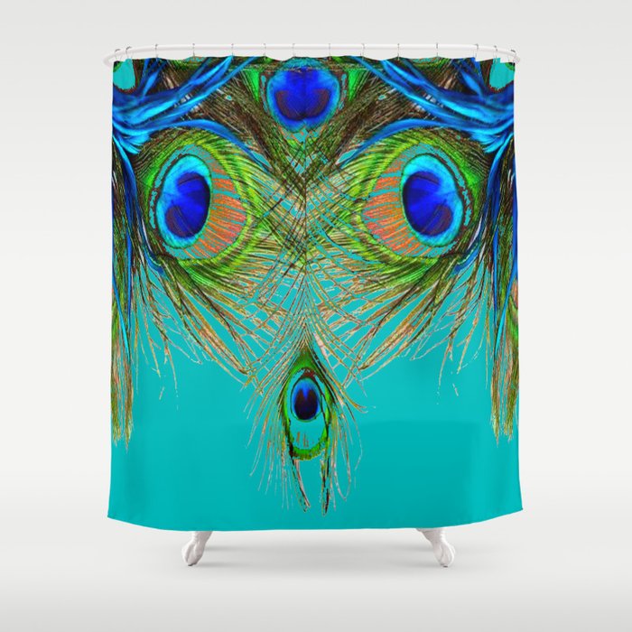 TURQUOISE BLUE-GREEN PEACOCK FEATHERS ART Shower Curtain