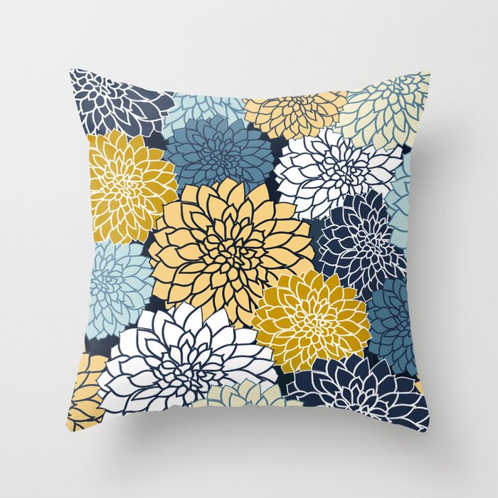 Chrysanthemum Willow, Floral Prints, Blue and Yellow Throw Pillow