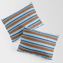 [ Thumbnail: Colorful Slate Gray, Brown, Light Sky Blue, Black & Mint Cream Colored Striped Pattern Pillow Sham ]