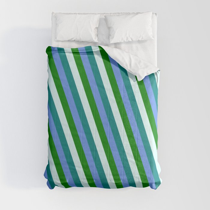 Cornflower Blue, Green, Light Cyan & Teal Colored Stripes Pattern Comforter