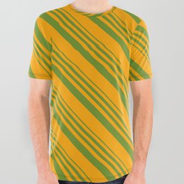 [ Thumbnail: Green and Orange Colored Lines/Stripes Pattern All Over Graphic Tee ]