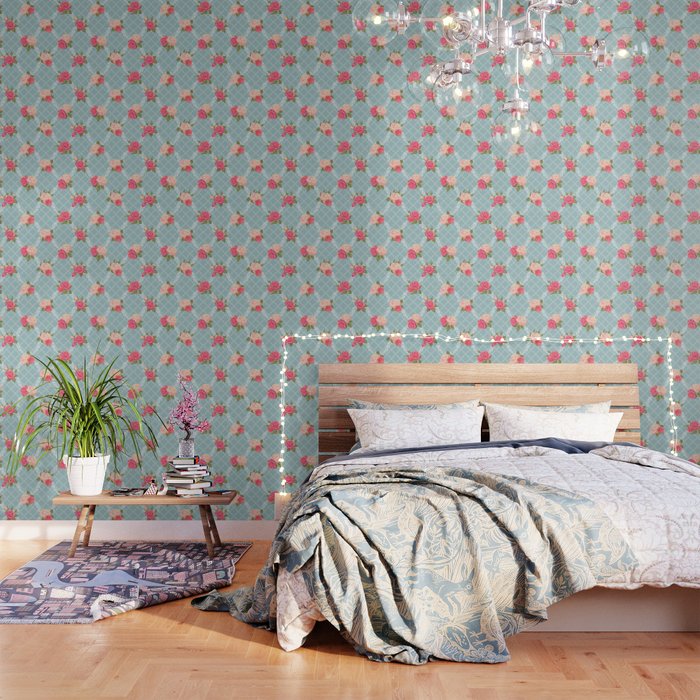 Vintage Roses and Lattice Lace on Sage Turquoise Wallpaper