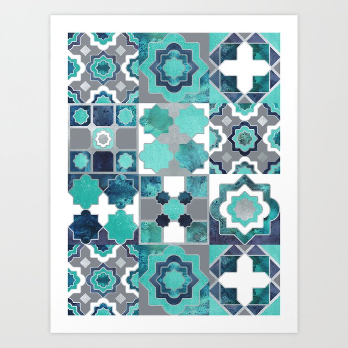 Spanish moroccan tiles inspiration // turquoise green silver lines Art Print