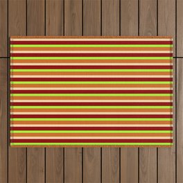 [ Thumbnail: Light Green, Chocolate, Tan & Dark Red Colored Lined/Striped Pattern Outdoor Rug ]