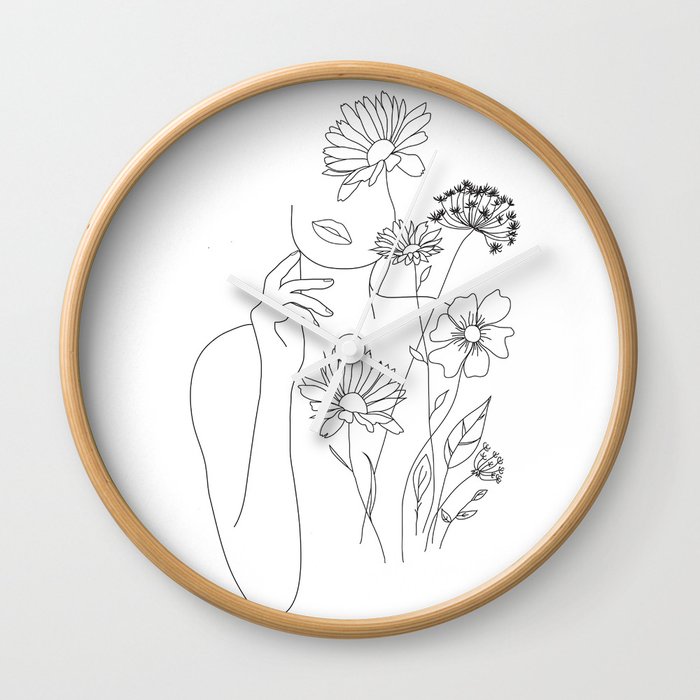 Minimal Line Art Woman with Flowers III Wall Clock