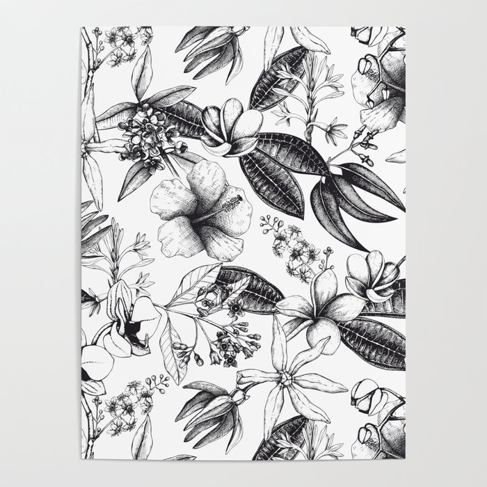 Black and White Vintage Tropical Flowers Pattern Poster