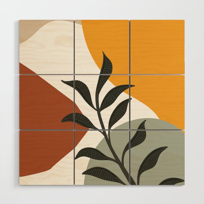 Gold Green Terracotta Modern Botanical Leaves Contemporary Shape Collection 3 Wood Wall Art