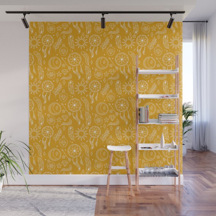 Mustard And White Hand Drawn Boho Pattern Wall Mural