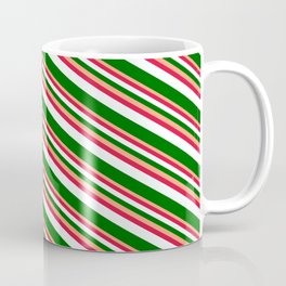 [ Thumbnail: Light Salmon, Crimson, Mint Cream & Dark Green Colored Pattern of Stripes Coffee Mug ]