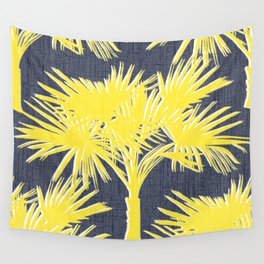 Retro Tropical Palm Trees Yellow on Navy Wall Tapestry