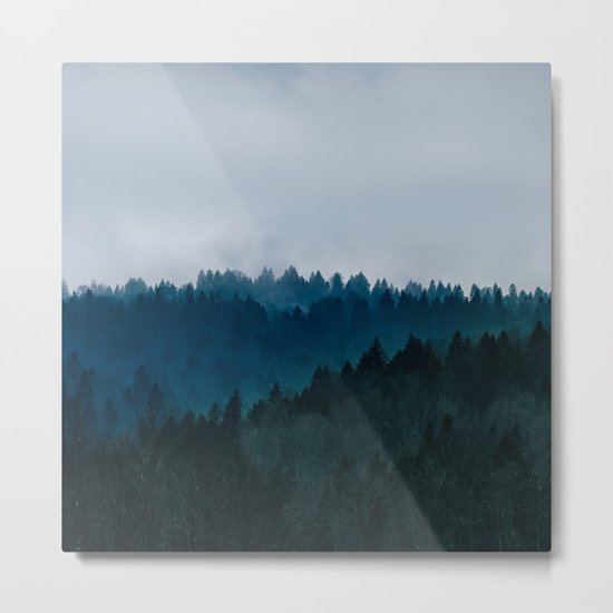 Misty Dark Blue Green Forest Metal Print
