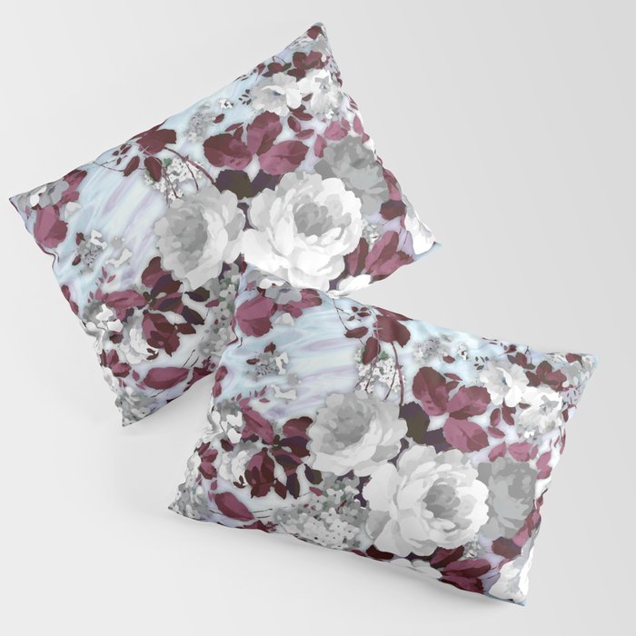 Boho burgundy white pastel marble floral pattern Pillow Sham