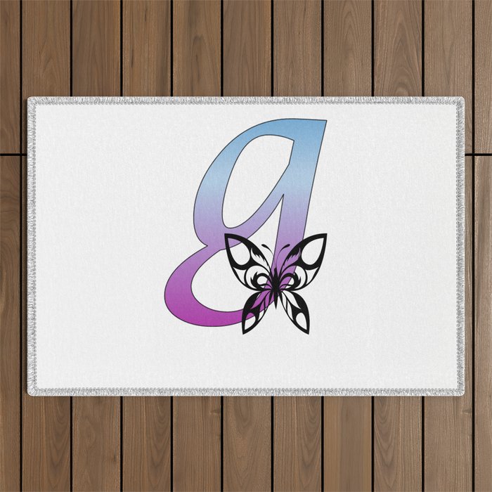 Butterfly Silhouette on Monogram Lower Case g Gradient Blue Purple Outdoor Rug