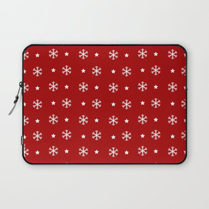 Red background with white snowflakes and stars pattern Laptop Sleeve