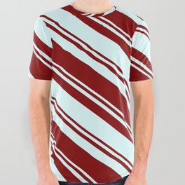 [ Thumbnail: Maroon & Light Cyan Colored Lines/Stripes Pattern All Over Graphic Tee ]