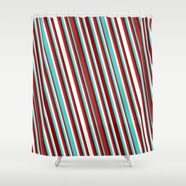 [ Thumbnail: Turquoise, Maroon, Brown & Mint Cream Colored Pattern of Stripes Shower Curtain ]