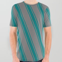 [ Thumbnail: Gray and Teal Colored Stripes/Lines Pattern All Over Graphic Tee ]