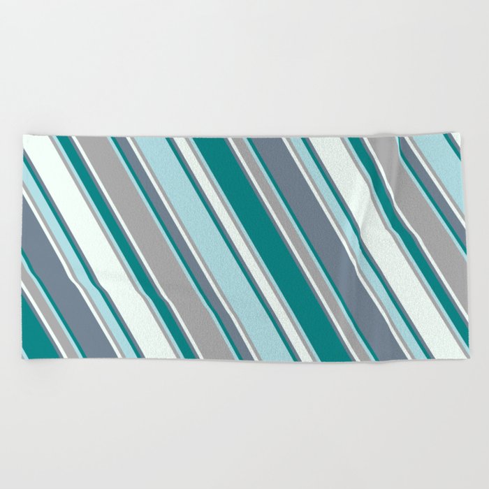 Slate Gray, Teal, Powder Blue, Dark Grey, and Mint Cream Colored Lines/Stripes Pattern Beach Towel