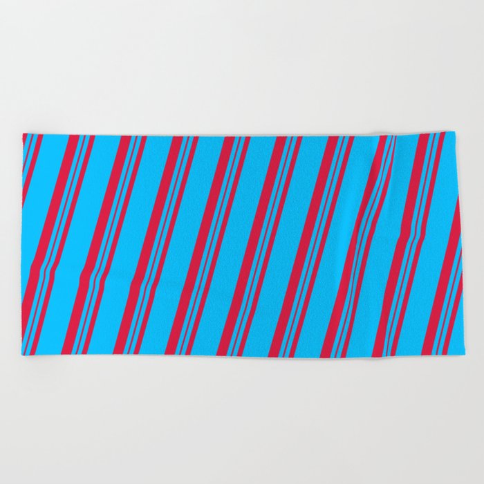 Deep Sky Blue and Crimson Colored Lines/Stripes Pattern Beach Towel