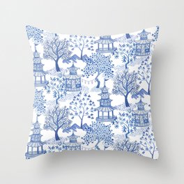 Pagoda Forest Blue and White Throw Pillow