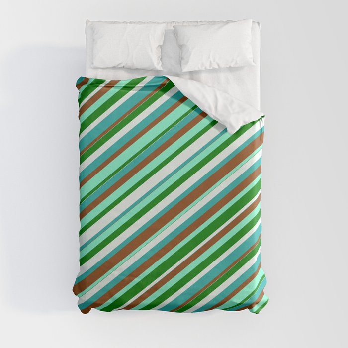 Colorful Light Sea Green, Brown, Aquamarine, Green & Mint Cream Colored Lined/Striped Pattern Duvet Cover
