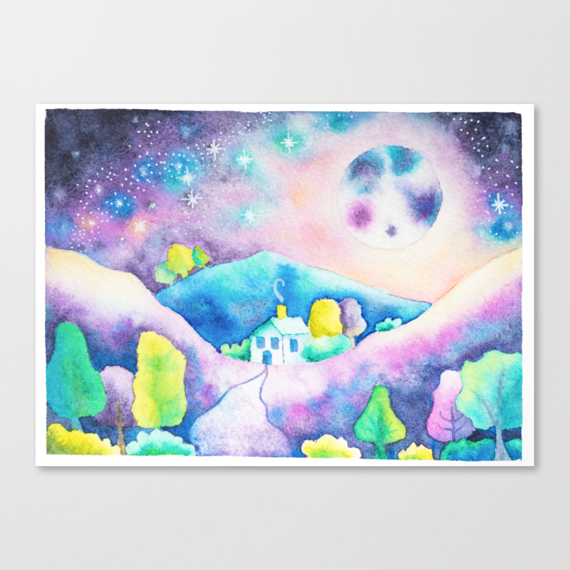 Magical Moonscape Fantasy Watercolor Landcape Mountains Full Moon Trees Canvas Print By Natashalh Society6