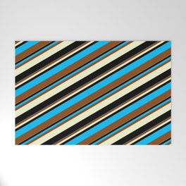 [ Thumbnail: Deep Sky Blue, Brown, Light Yellow & Black Colored Lines Pattern Welcome Mat ]
