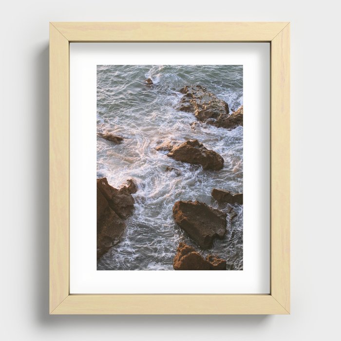 wild ocean view during sunset | blue water rocks coastline Morocco photography print Recessed Framed Print