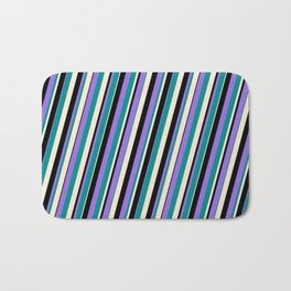 [ Thumbnail: Purple, Dark Cyan, Beige & Black Colored Striped Pattern Bath Mat ]