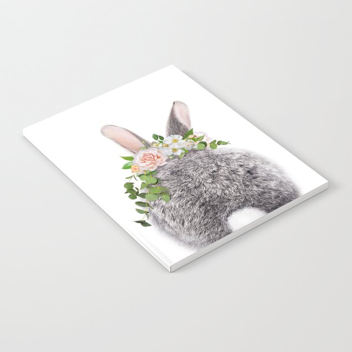 Baby Rabbit, Bunny Tail, Grey Bunny with Flower Crown, Baby Animals Art Print by Synplus Notebook